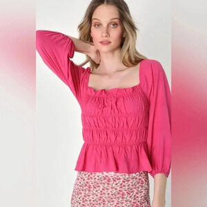 Lulus Hot Pink Smocked Puff Sleeve Lace Up Crop Top